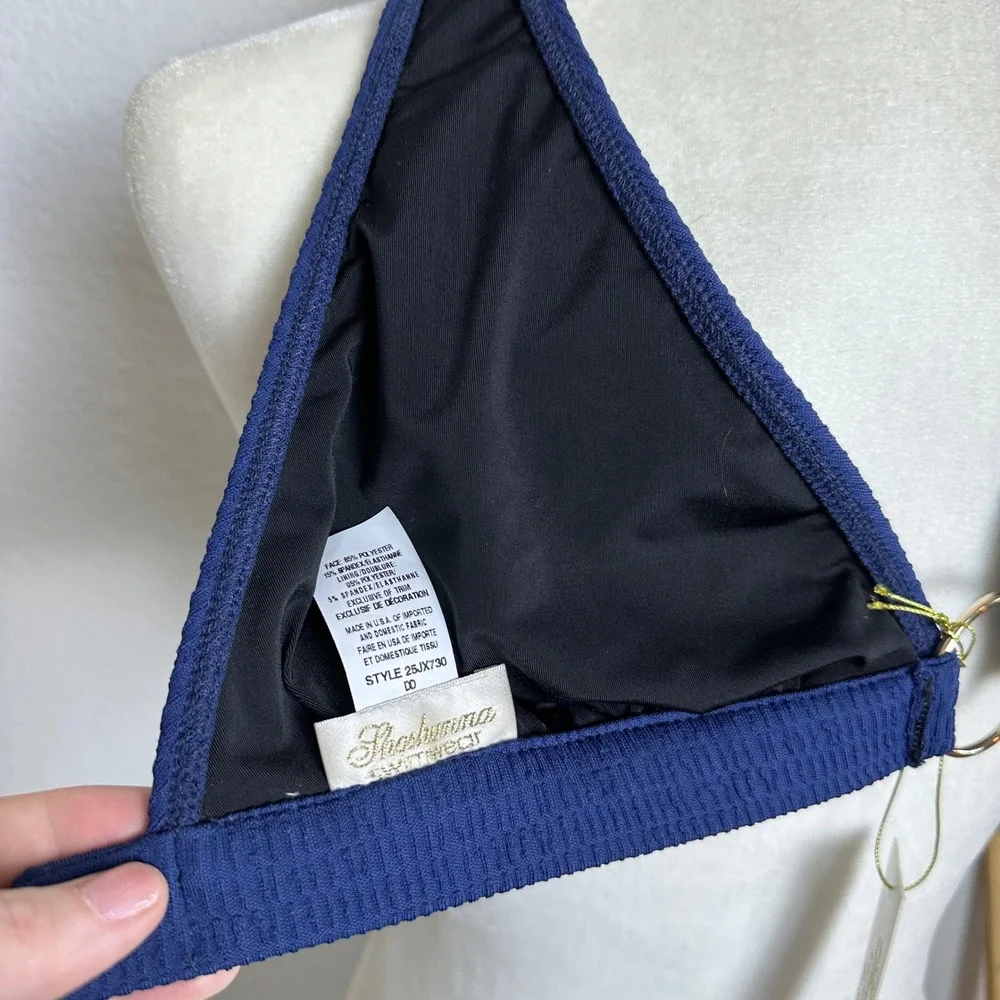 Shoshanna Navy Blue Textured Halter Bikini Top Gold Ring Detail DD NEW Luxury